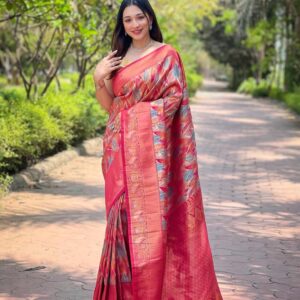 Women's Luxurious Pista Green & Pink Art Silk Saree with Intricate Leaf Weave & Broad Zari Border β Ideal for Festive & Wedding Occasions
